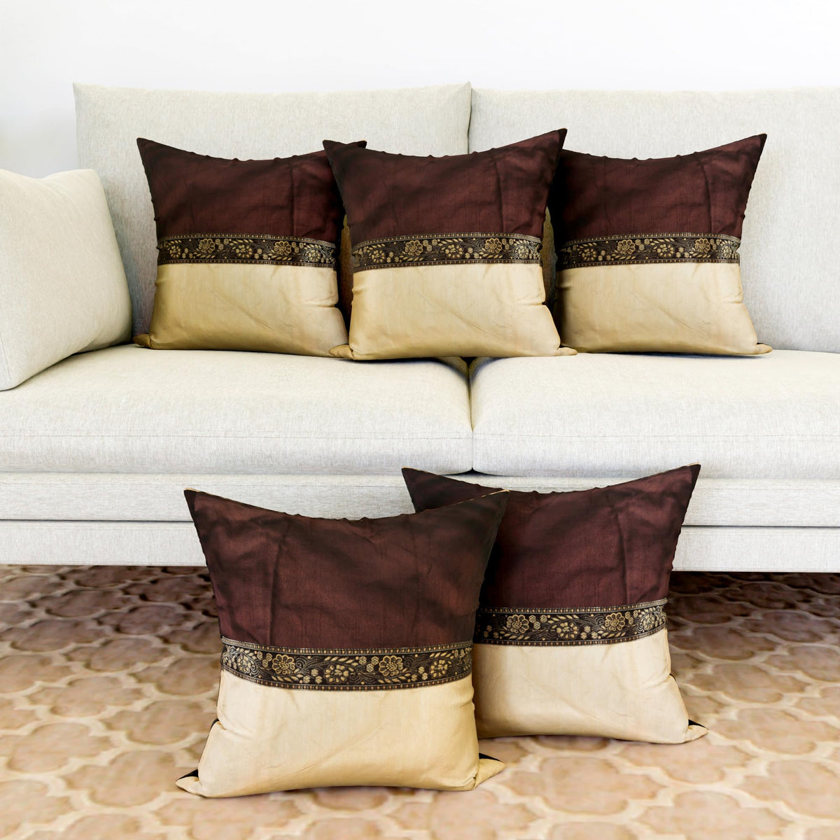 Kuber Industries Cushion Cover | Pillow Covers for Sofa | Throw Cushion Cover | Dupion Polyester Cushion Covers | Center Lace Cushion Covers | Set of 5 | 12 Inch | Brown