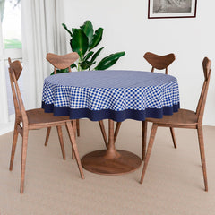Heart Home Round Table Cover | Cotton Table Cloth for Round Tables | 4 Seater Round Table Cloth | Barik Check Kitchen Dining Tablecloth | Tabletop Cover | 60 Inch | Blue
