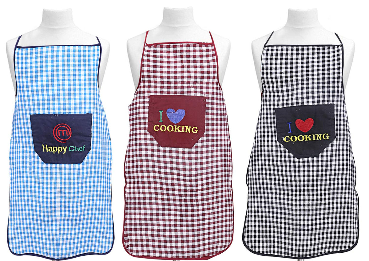 Kuber Industries Checkered Design Cotton 3 Pieces waterproof Apron with Front Pocket (Red, Maroon and Black), CTKTC13755