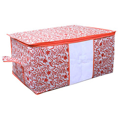 Kuber Industries Leaf Design 3 Piece Non Woven Underbed Storage Bag,Storage Organiser,Blanket Cover with Transparent Window,Extra Large, Red CTKTC34493