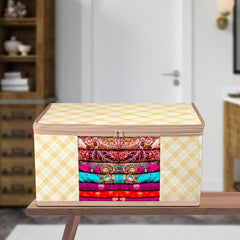 Heart Home Saree Cover | Zip Closure Saree Cover | Clothes Storage Bag | Wardrobe Organiser | Transparent Window Saree Cover | Check-Design | 9 inch | Pack of 9 | Cream