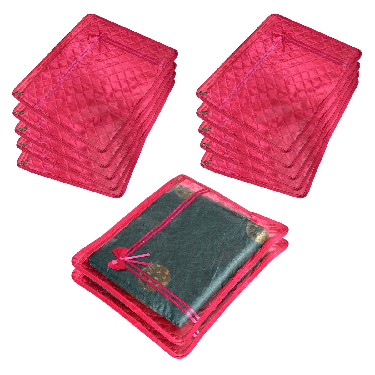 Heart Home Saree Cover | Clothes Storage Bag | Single Packing Saree with Zip Closure | Wardrobe Organizer | Cloth Stoarge Organizer | Bow-Design | Pack of 12 | Pink