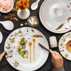 Kuber Industries 40 Pieces Round Melamine Microwave & Dishwasher Safe Dinnerware Kitchen Crockery Set | Glossy Dinner Sets & Kitchen Set for Home | Deluxe Brown Floral - White