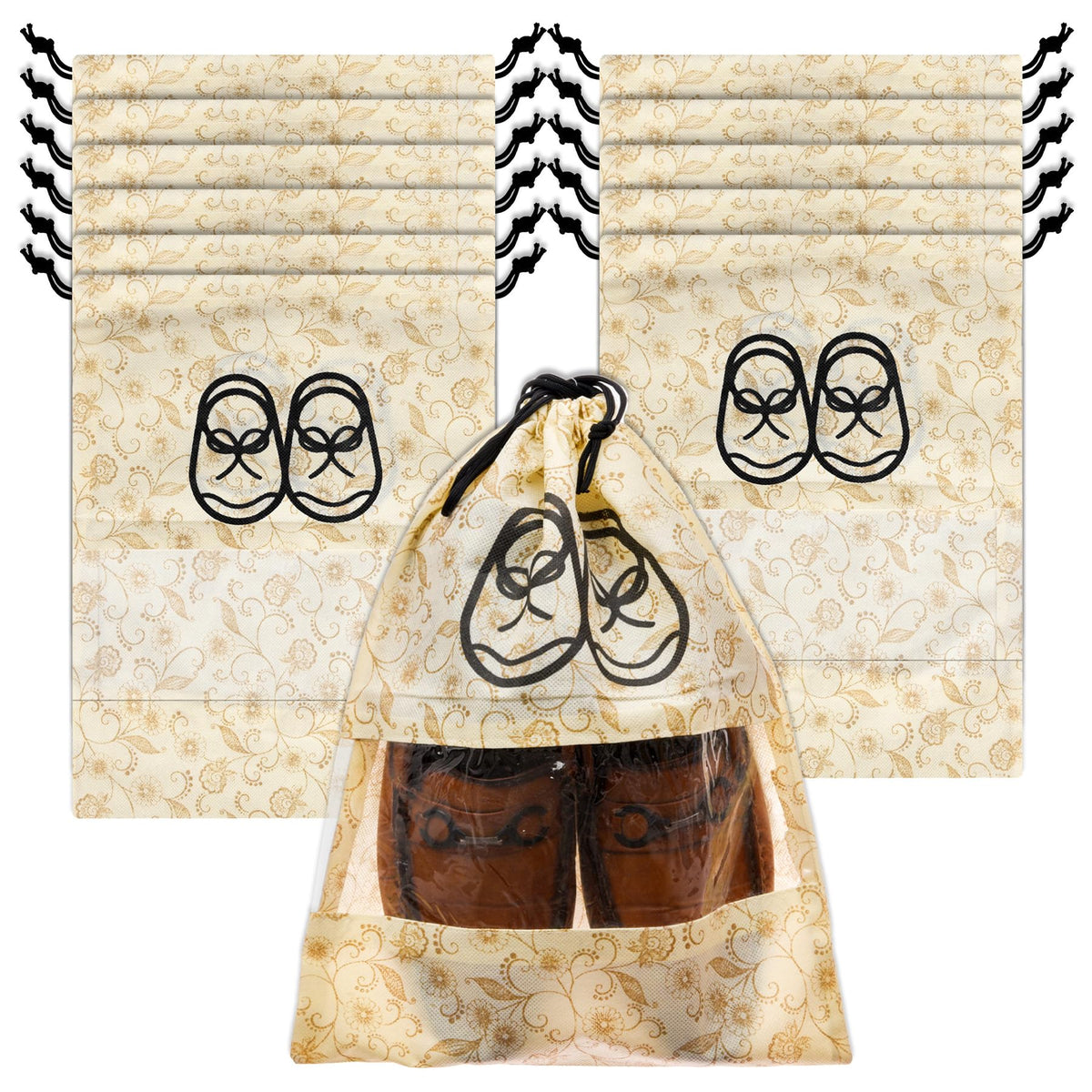 Heart Home Shoe Cover | Travel Shoe Storage Bags | Non-Woven Storage Bags | Shoe Cover with Drawstring | Shoe Organizer with Clear window | Leaf-Design | Pack of 12 | Cream