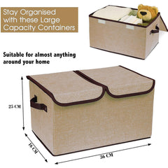 Kuber Industries Double Lid Foldable Storage Box|Toys Storage Bin|Wardrobe Organizer For Clothes|Front Handle & Stackable Pack Of-2 (Beige)