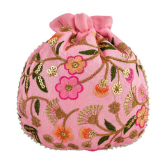 Kuber Industries Potli|Silk Wedding Potli|Christmas Gift Potli|Baby Shower Potli|Traditional Shagun Potli|Drawstring with Beads Handle Potli|New Flower Embroidery Potli|Pack of 3|Pink