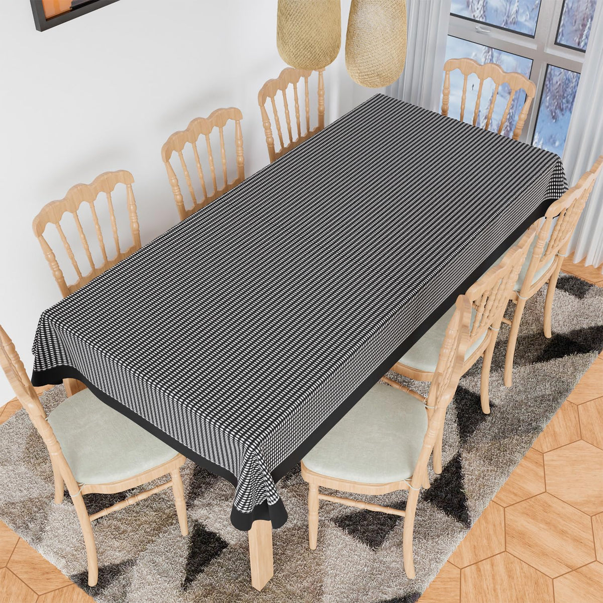 Heart Home Dining Table Cover | Cotton Table Cloth Cover | 8 Seater Table Cloth | Barik Check Table Cover | Table Protector | Table Cover for Dining Table | 60x108 Inch | DTC | Black