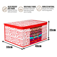 Heart Home Saree Cover | Zip Closure Saree Cover | Clothes Storage Bag | Wardrobe Organiser | Transparent Window Saree Cover | Leaf-Design | 9 inch | Pack of 6 | Red
