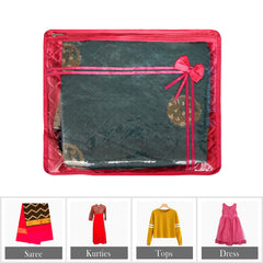 Heart Home Saree Cover | Clothes Storage Bag | Single Packing Saree with Zip Closure | Wardrobe Organizer | Cloth Stoarge Organizer | Bow-Design | Pack of 12 | Pink
