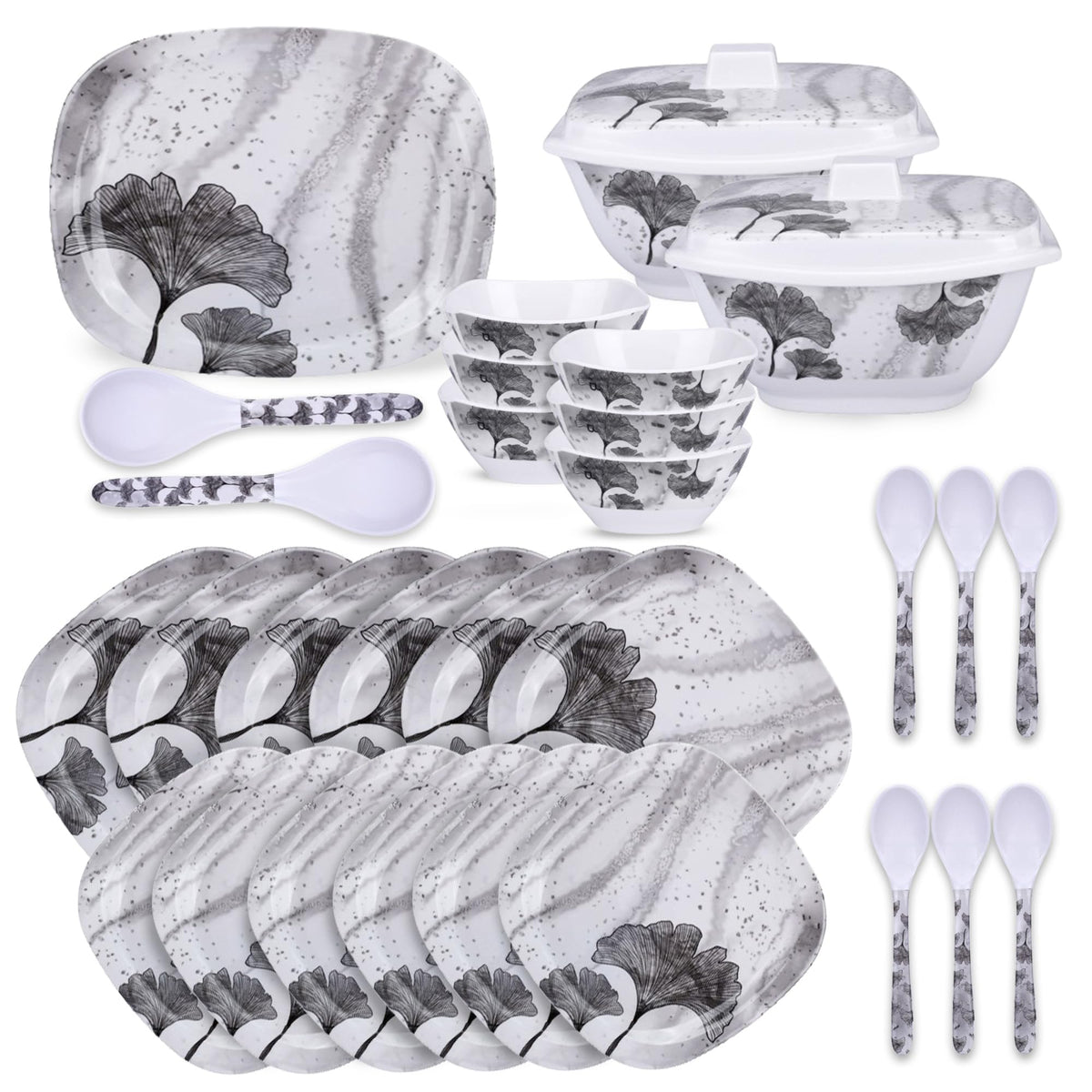 Heart Home 31 Pieces Square Unbreakable Microwave & Dishwasher Safe Melamine Dinnerware Kitchen Crockery Set | Glossy Dinner Sets & Kitchen Set for Home | Red Floral - White