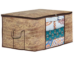 Heart Home Wooden Design Non-Woven Underbed, Strorage Organizer With Transparent Window- Pack of 3 (Brown)-44HH0510