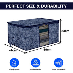 Heart Home Underbed Storage Bag | Clothes Storage Organizer | Visible Window Wardrobe Bag | Closet Organization with Handle | Flower Printed Storage Bag | Pack of 2 | Navy Blue