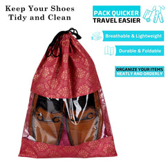 Heart Home Shoe Bags | Shoe Bags for Travel | Drawstring Shoe Storage Bags | Storage Organizers Set | Shoe Cover with Transparent Window | Shoe Pouches | Golden-Print | Pack of 6 | Maroon