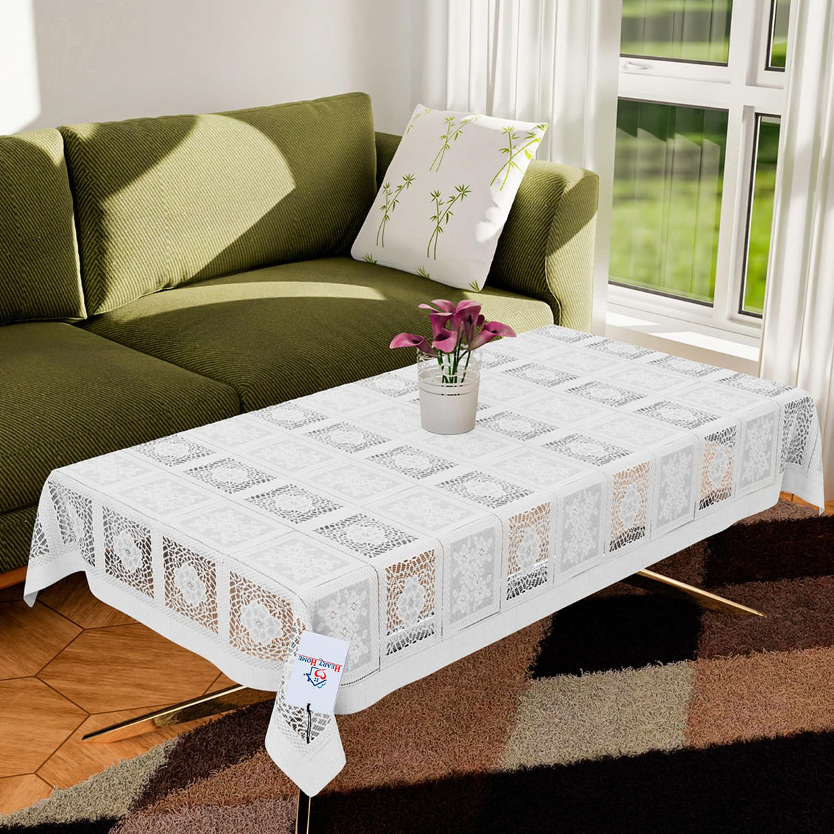 Heart Home Center Table Cover | Cotton Net Square Flower Pattern Table Cover | Luxurious Net Tablecloth | Tea Table Cover for Living room | 40x60 Inch | White