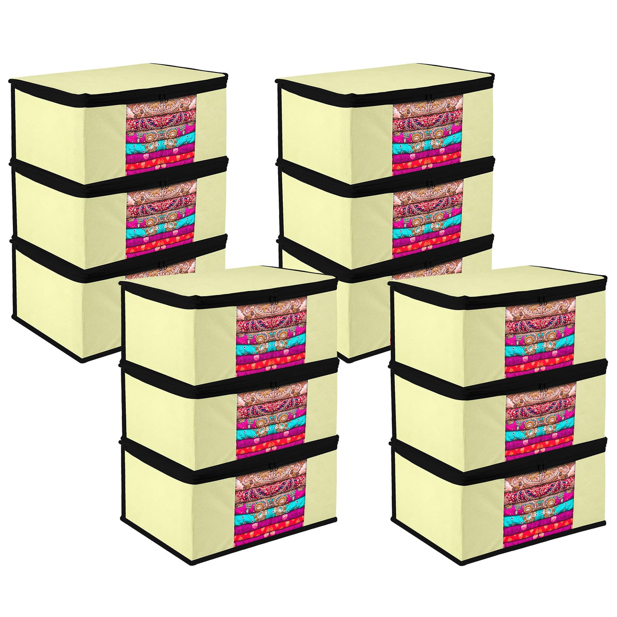 Heart Home Saree Cover | Zip Closure Saree Cover | Clothes Storage Bag | Wardrobe Organiser for Suit | Transparent Window Saree Cover | Plain-Black Border | 9 inch | Pack of 12 | Cream