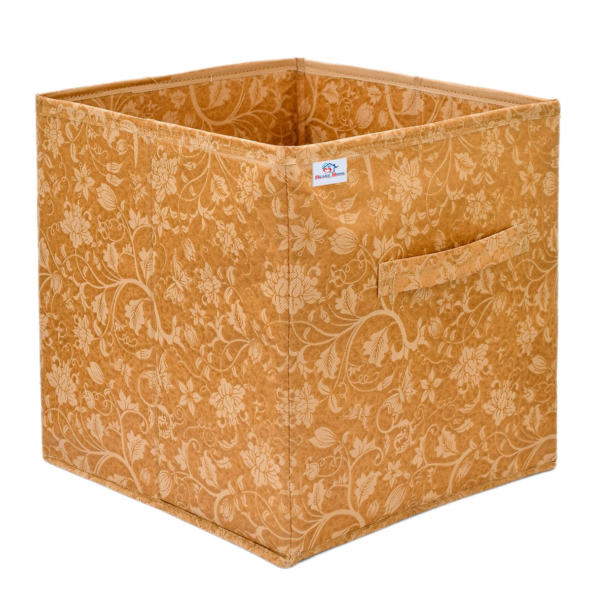 Heart Home Metallic Flower Printed Non-Woven Foldable Storage Bin/Cube/Organizer For Toys, Clothes And Books With Handles (Brown) -HS43HEARTH26250