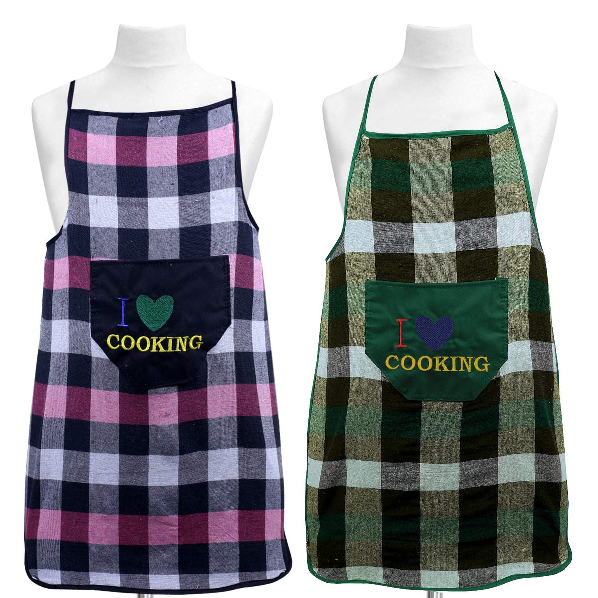 Kuber Industries Checkered Design Cotton 2 Pieces Waterproof Kitchen Apron with Front Pocket (Green & Black) - CTKTC040401