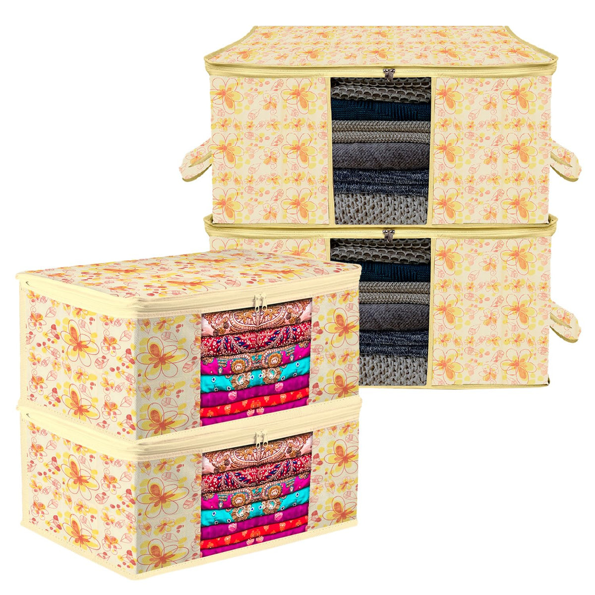 Heart Home Saree Cover & Underbed Stoarge Bag Set | 2 Pieces Saree & 2 Pieces Underbed Storage Bag Combo Set | Zipper Closure & Handle | Red Flower-Design | Set of 4 | Ivory