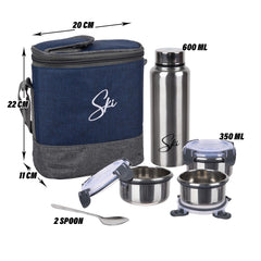 Heart Home Lunch Box Set | Lunch Box for Adult & Older Kids | 3 Containers & Bottle Lunch Box Set | Lunch Box for Office | Lunch Box for Collage | Clip Lock Lunch Set | Set of 6 | Blue