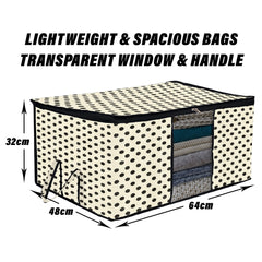 Heart Home Underbed Storage Bag | Clothes Storage Organizer | Blanket Cover with Clear Window | Zipper Closure & Handle Cloth Organizer | Dot-Design | Large | Pack of 4 | Cream