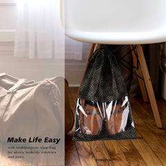 Heart Home Shoe Bags | Shoe Bags for Travel | Drawstring Shoe Storage Bags | Storage Organizers Set | Shoe Cover with Transparent Window | Shoe Pouches | Golden Dot-Print | Pack of 6 | Black