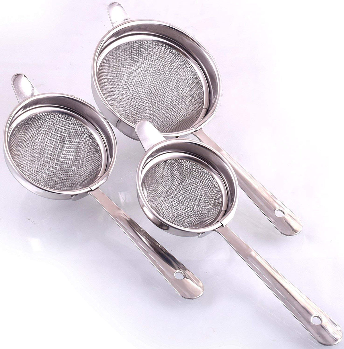 Heart Home 3 Pieces Stainless Steel Double Mesh Tea Strainer Chalni 8, 9, 10 cm Diameter (Silver) CTHH018942