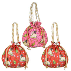 Kuber Industries Potli|Silk Wedding Potli|Wallet Potli|Christmas Gift Potli|Baby Shower Potli|Traditional Shagun Potli|Drawstring with Beads Handle Potli|Cow-Design Patli Potli|Pack of 3|Multi