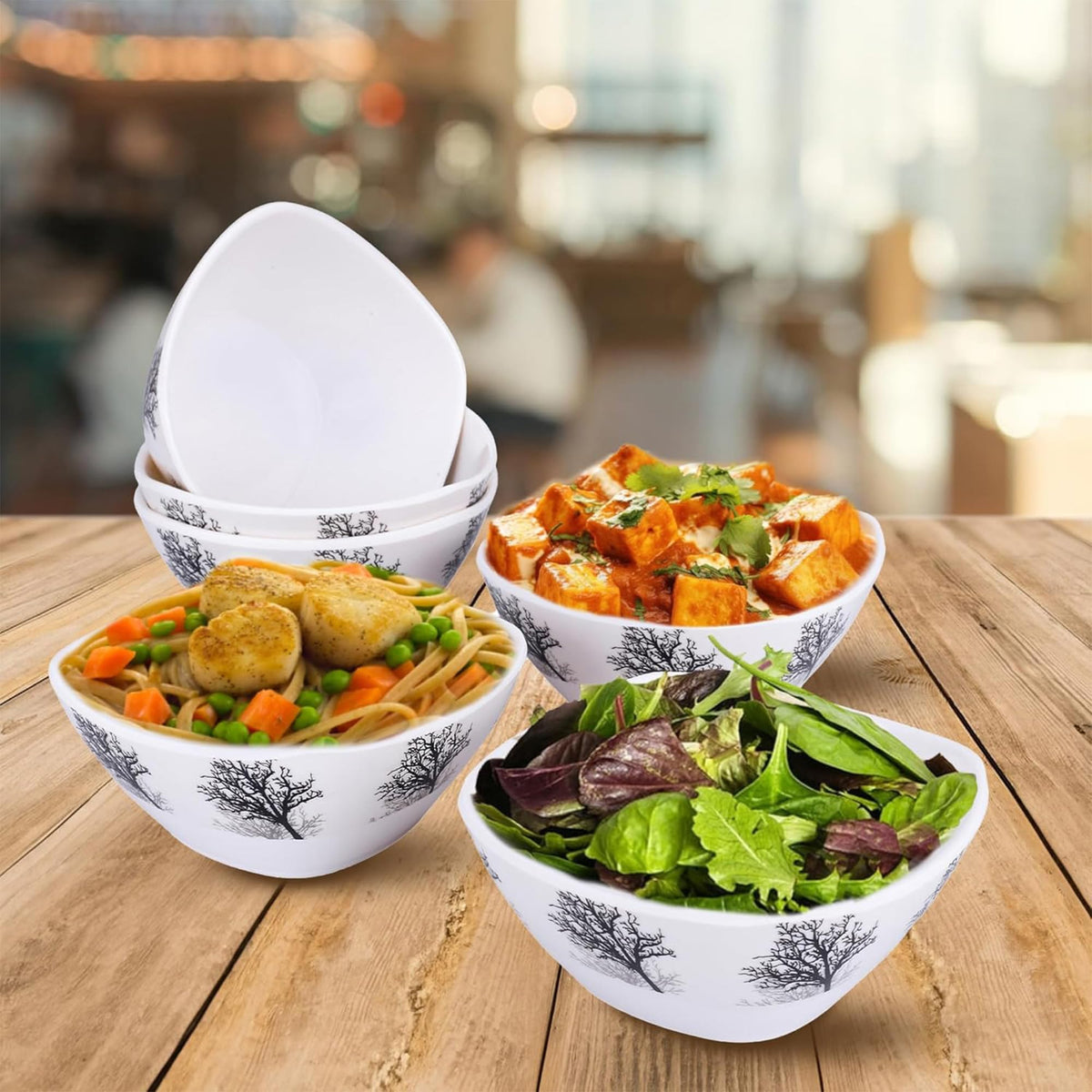 Heart Home Shatter Resistant Melamine White Bowls Set of 6 | Lightweight, BPA Free Aesthetic Bowl Set | Black Tree Print - White