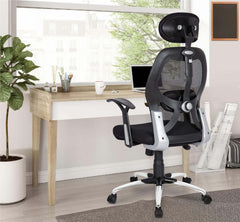 Kuber Industries Ergonomic Office Chairs for Work From Home | Comes with Manual Height Adjustable, Armrest, Headrest & 2D Lumbar Support | Comfy Study Chair for Students with Wheels | Black