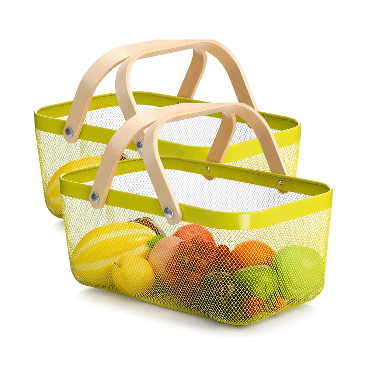 Kuber Industries Rectangular Metal Mesh Basket for Storage with wooden handle | 720 Gm | Fruit Basket and Vegetable Basket for Kitchen | Kitchen Organizer |Multipurpose |Green |Pack of 2