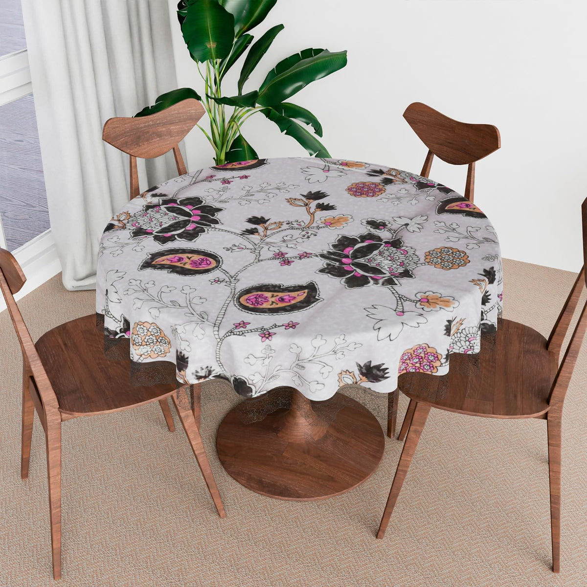 Heart Home Round Table Cover | PVC Table Cloth for Round Tables | 4 Seater Round Table Cloth | 3D Gulab Kitchen Dining Tablecloth | Tabletop Cover | 60 Inch | Black