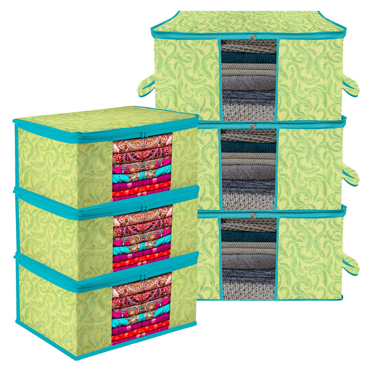 Heart Home Saree Cover & Underbed Stoarge Bag Set | 3 Pieces Saree & 3 Pieces Underbed Storage Bag Combo Set | Zipper Closure & Handle | Leaf-Design | Set of 6 | Green