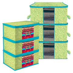 Heart Home Saree Cover & Underbed Stoarge Bag Set | 3 Pieces Saree & 3 Pieces Underbed Storage Bag Combo Set | Zipper Closure & Handle | Leaf-Design | Set of 6 | Green