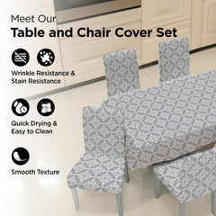 Kuber Industries Set of 7 Waterproof & Oil Repellent Dining Table Chair Cover 6 Seater Full Set | Washable & Dustproof Table & Seat Cover Protector Slipcover | Trellis Pattern Grey