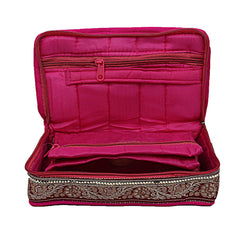 Kuber Industries Brocade Silk Jewellery Pouch Cum Makeup Organiser Kit (Pink)-KUBMART15789
