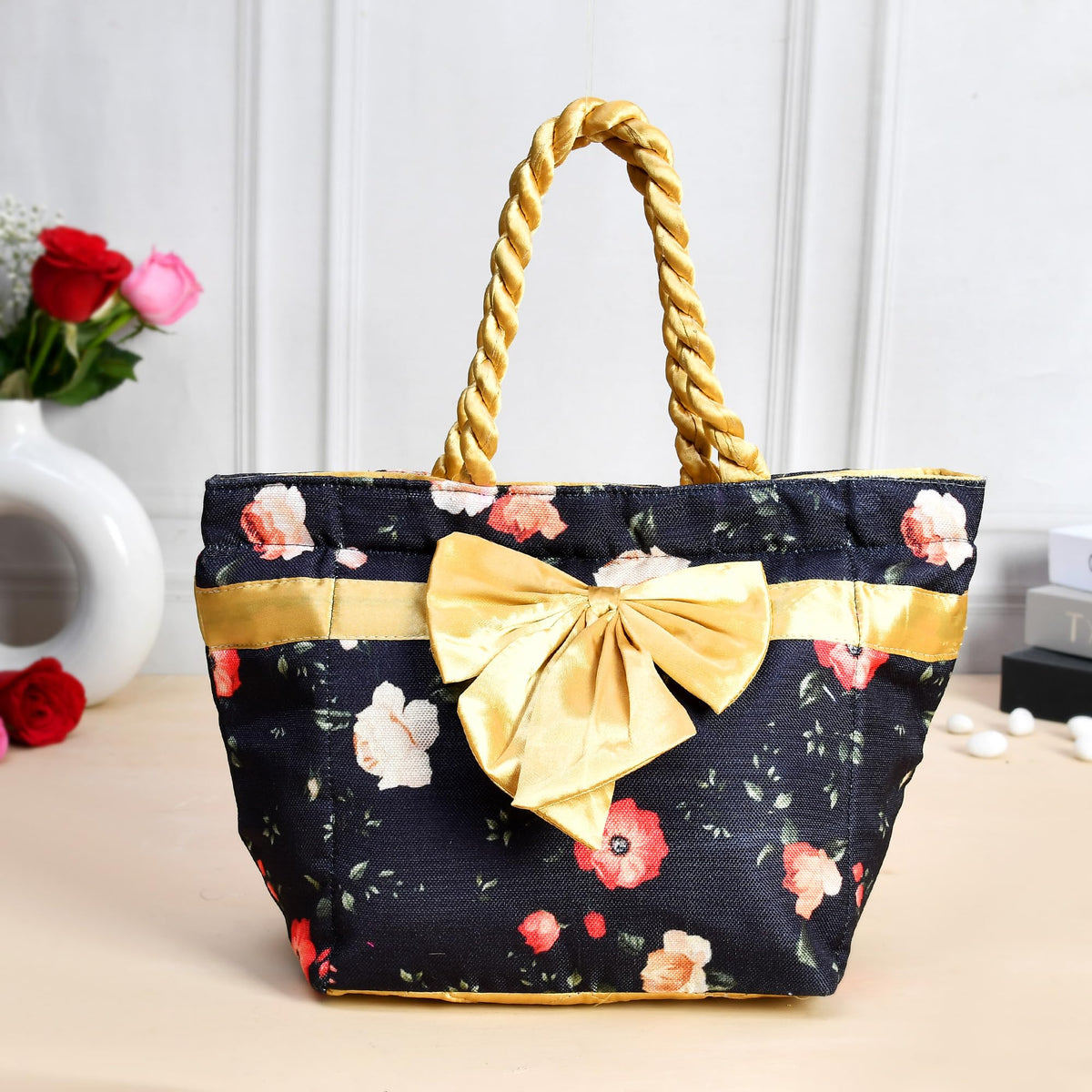Heart Home Hand Purse | Polyester Hand Bag | Woman Shoulder Bag | Top Handle Handbag | Gifting Hand Purse | Ladies Tote Purse | Bow Flower Printed Handbag | Blue
