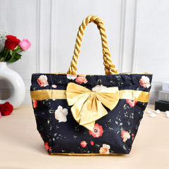 Heart Home Hand Purse | Polyester Hand Bag | Woman Shoulder Bag | Top Handle Handbag | Gifting Hand Purse | Ladies Tote Purse | Bow Flower Printed Handbag | Blue