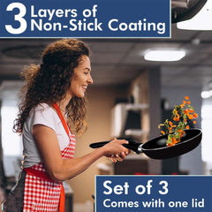Heart Home 3 PCS Aluminium Cooking Set for Kitchen 24 cm Wok, 24 cm Fry Pan with Lid & 28 cm Tawa | Nonstick Induction Cookware Set | Kadhai, Frying Pan & Tawa Utensils Set | Black
