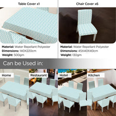 Kuber Industries Set of 7 Waterproof & Oil Repellent Dining Table Chair Cover 6 Seater Full Set | Washable & Dustproof Seat Cover Protector Slipcover Cloth | Swirl Pattern Light Blue