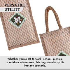 Kuber Industries Lunch Bag | Jute Carry Bag | Lunch Handbag | Lunch Bags for Office | Reusable Lunch Bag with Handle | Tiffin Carry Patch Hand Bag | Small | Brown