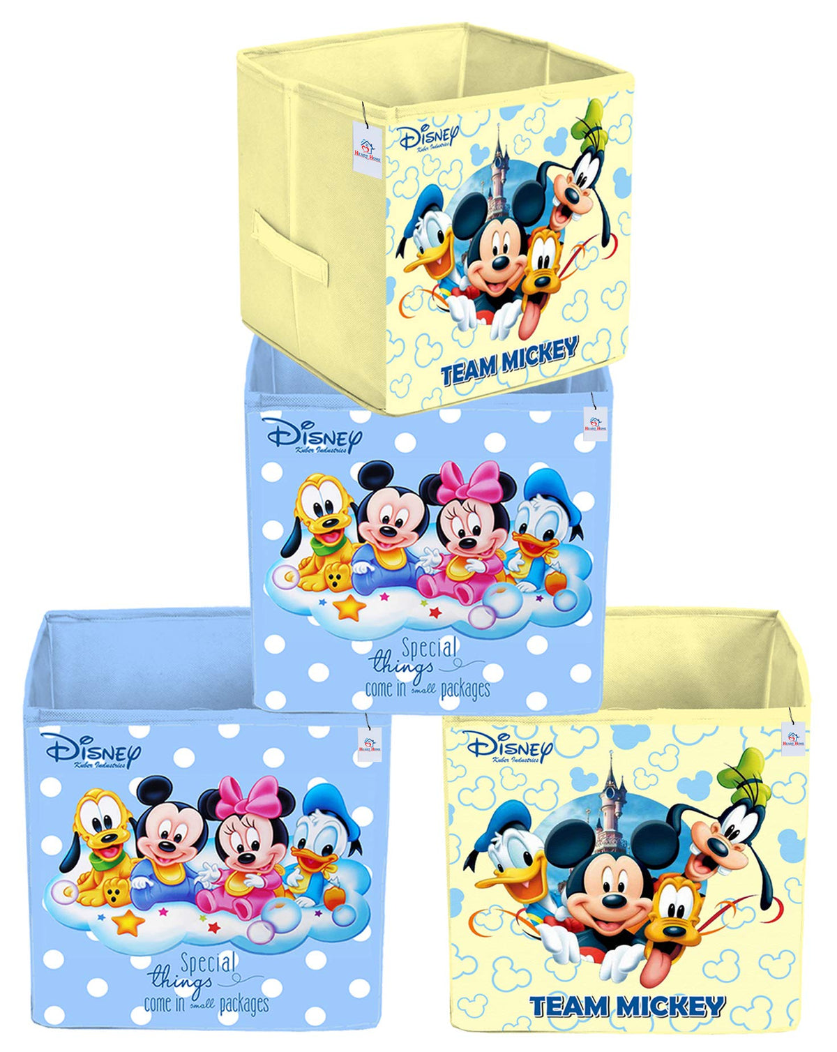 Heart Home Disney Print Non Woven 4 Pieces Fabric Foldable Storage Cube For Toy,Books,Shoes Storage Box With Handle,Extra Large (Royal Blue & Cream)-HHEART16228