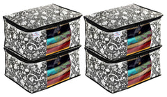 Heart Home Metalic Flower Print 4 Piece Non Woven Fabric Saree Cover Set with Transparent Window, Extra Large (Black)-HHEART16520
