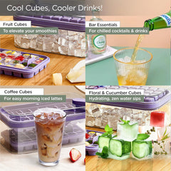 Kuber Industries 2 Layer Ice Cube Tray with Lid | Fridge Ice Cube container | 64 ice cube molds for freezing | One-Press Demolding | BPA Free | Purple