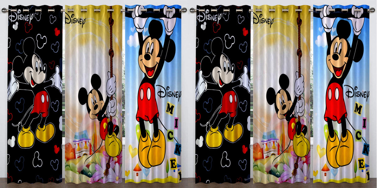 Kuber Industries Disney Mickey Print 6 Pieces Polyester Special Blackout Long Crush Eyelet Door Curtain 7 Feet (Yellow, Sky Blue, Black)-Kubmart115