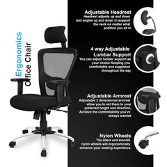 Kuber Industries Ergonomic Office Chairs for Work From Home | Comes with Manual Height Adjustable Armrest, Headrest & 2D Lumbar Support | Comfy Study Chair for Students with Wheels | Black