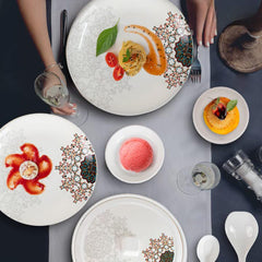 Heart Home 32 Pieces Round Melamine Microwave & Dishwasher Safe Dinnerware Kitchen Crockery Set | Glossy Dinner Sets & Kitchen Set for Home | Stylon Blue Vector Flower - White