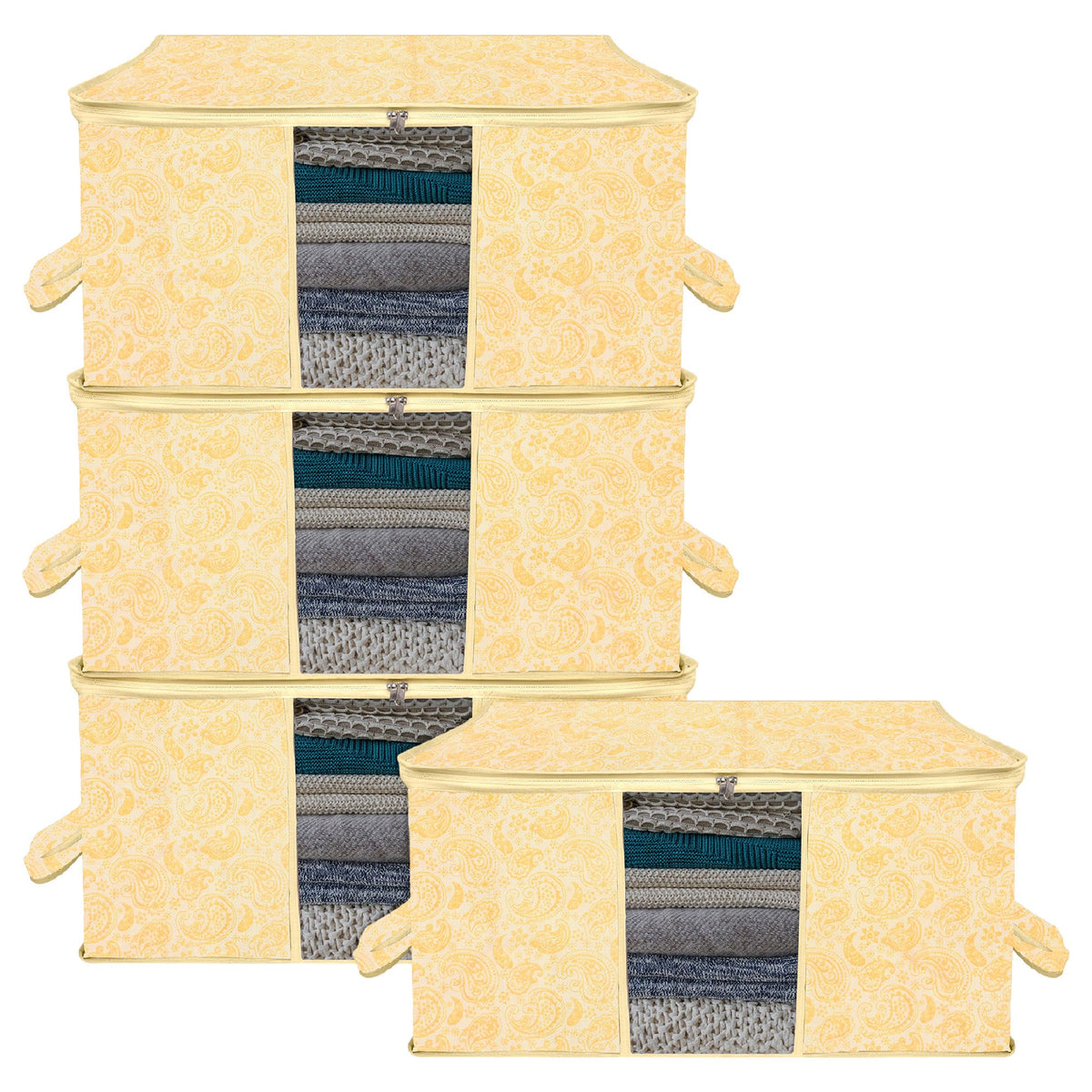 Heart Home Underbed Storage Bag | Clothes Storage Organizer | Blanket Cover with Clear Window | Zipper Closure & Handle Cloth Organizer | Carry-Design | Large | Pack of 4 | Yellow