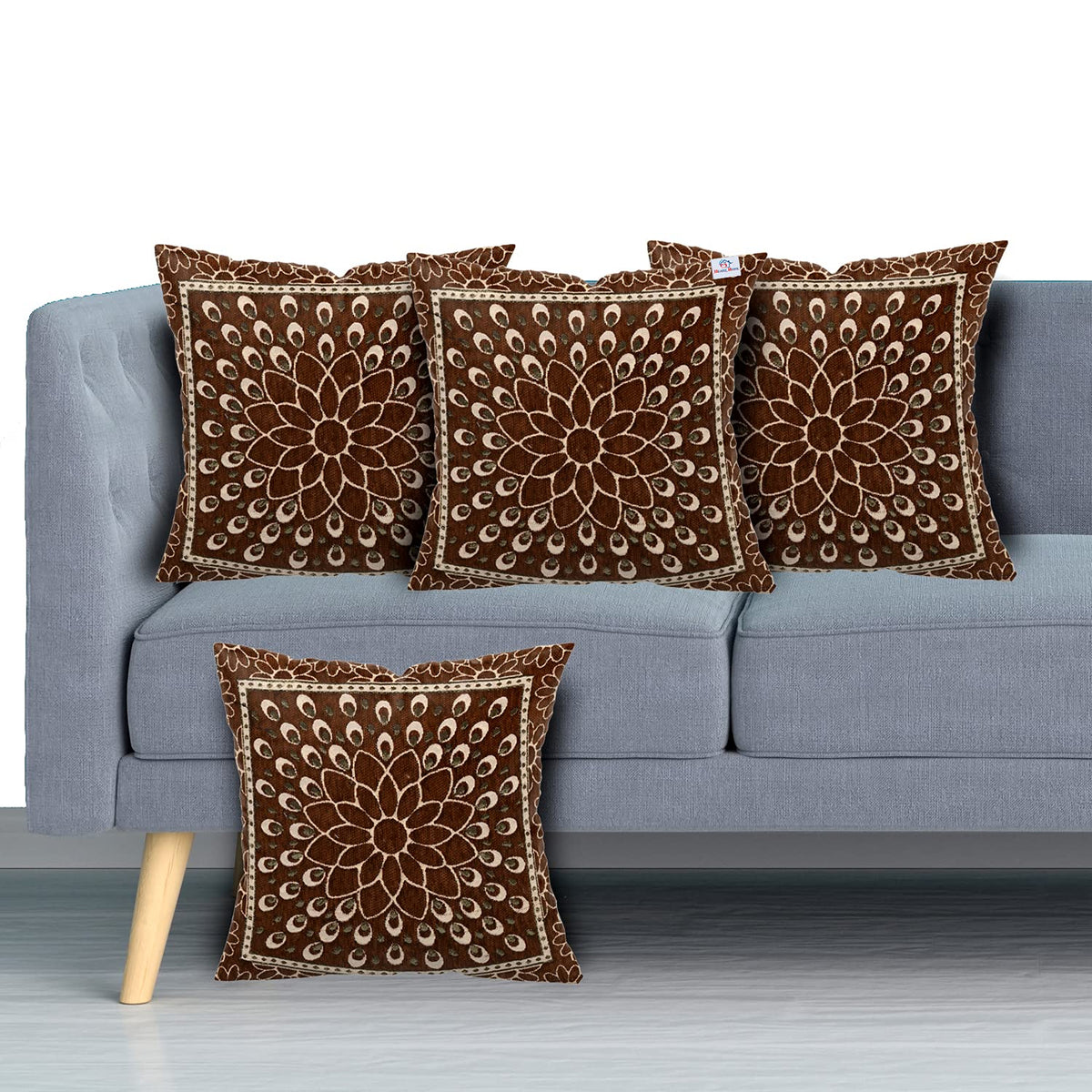 Heart Home Rangoli Design Velvet Pillows Covers for Couch Bed Sofa, Soild Soft Cushion Case, 16x16 Inches- Pack of 4 (Brown)