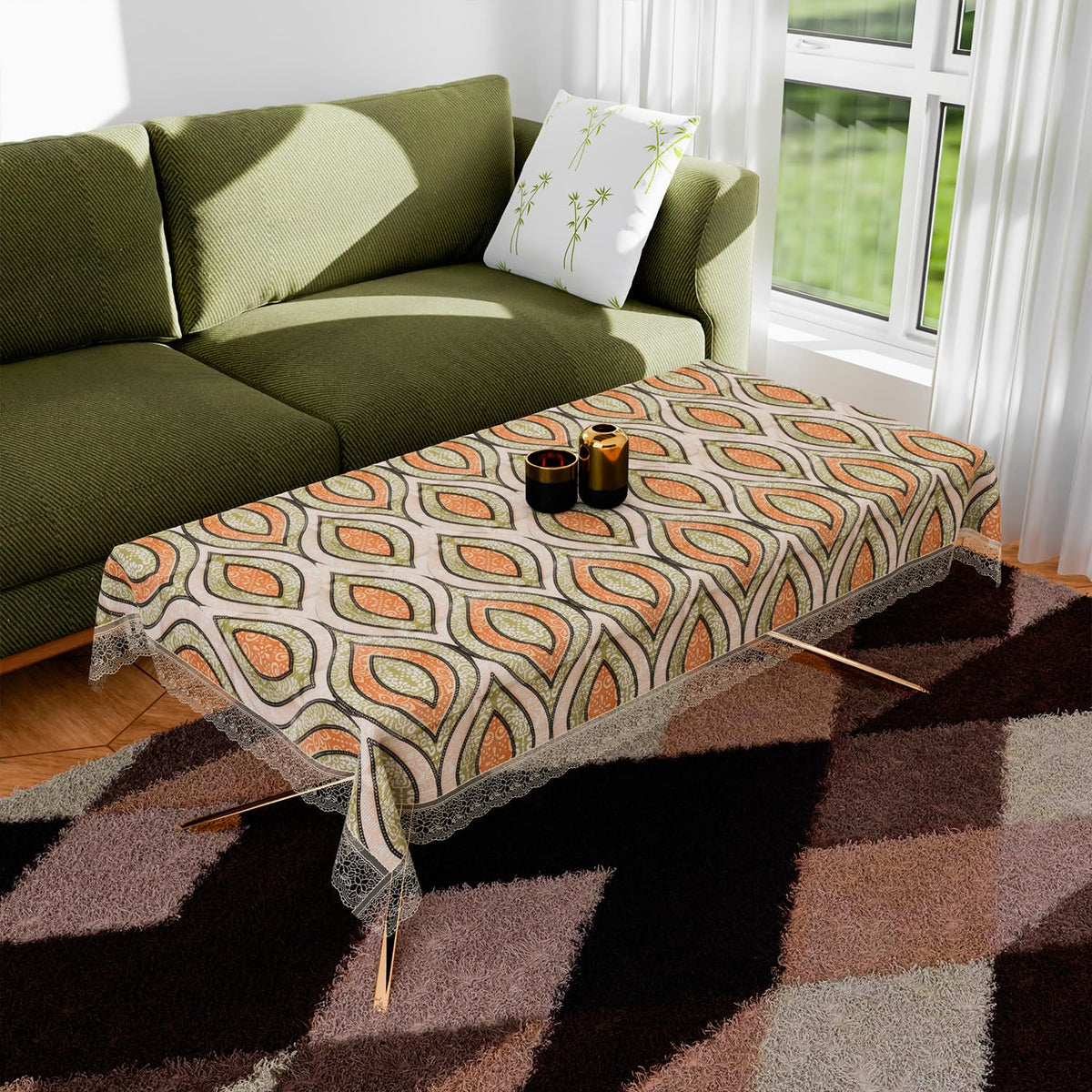 Heart Home Center Table Cover | PVC Table Cloth Cover | 4 Seater Table Cloth | Zig Zag Gripper Table Cover | Table Protector | Table Cover for Center Table | 40x60 Inch | CTC | Green