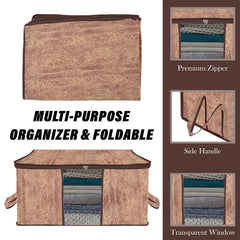 Heart Home Underbed Storage Bag | Clothes Storage Organizer | Blanket Cover with Clear Window | Zipper Closure & Handle Cloth Organizer | Wooden Texture-Design | Large | Pack of 3 | Brown